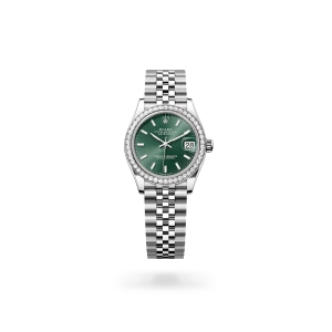 Rolex Datejust 31 in Oystersteel, white gold and diamonds with a Mint green dial, Diamond-set bezel, Jubilee bracelet - Gandelman