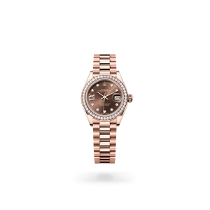 Rolex Lady-Datejust 28 in Everose gold and diamonds, with a chocolate dial with diamonds, bezel with diamonds, and President bracelet - Gandelman