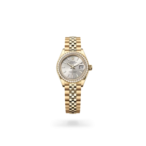 Rolex Lady-Datejust 28 in yellow gold and diamonds with a silver dial, bezel set with diamonds, and Jubilee bracelet - Gandelman