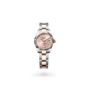 Rolex Lady-Datejust 28 in Oystersteel and Everose gold with a Rosé-colour set with diamonds dial, fluted bezel, and Oyster bracelet -  Gandelman