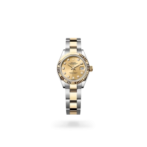 Rolex Lady-Datejust 28 in Oystersteel and yellow gold with a champagne-colour dial with diamonds, fluted bezel, and Oyster bracelet - Gandelman