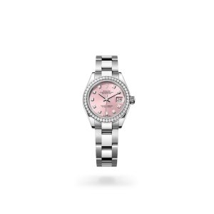 Rolex Lady-Datejust 28 in Oystersteel, white gold and diamonds, with a pink dial with diamonds, bezel with diamonds, and Oyster bracelet - Gandelman