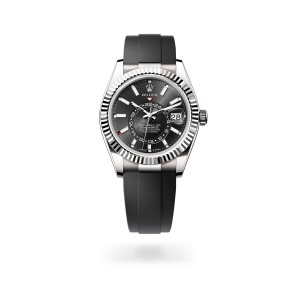 Rolex Sky-Dweller in white gold with a bright black dial, fluted bezel, and Oysterflex bracelet - Gandelman