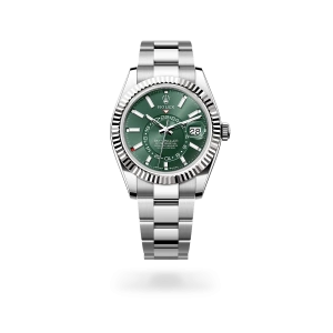 Rolex Sky-Dweller in Oystersteel and white gold with a mint green dial, fluted bezel, and Oyster bracelet - Gandelman