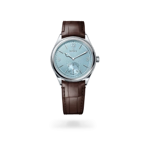 Rolex 1908 in platinum with an Ice blue dial, domed and fluted bezel, and leather bracelet - Gandelman