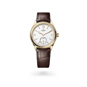 Rolex 1908 in yellow gold with an intense white dial, domed and fluted bezel, and leather bracelet - Gandelman
