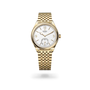 Rolex 1908 in yellow gold with an intense white dial, domed and fluted bezel, and Settimo bracelet - Gandelman