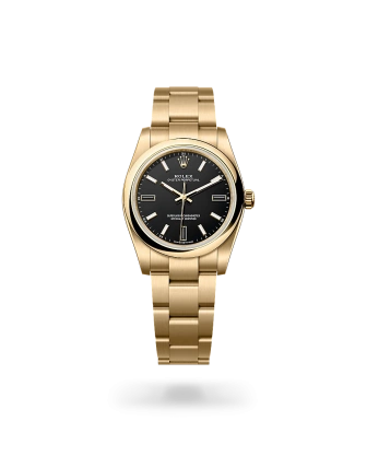 Rolex Oyster Perpetual 34 in yellow gold with a Black dial, domed  bezel, and Oyster bracelet -  Gandelman