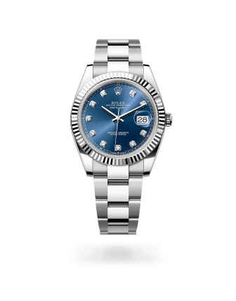 Rolex Datejust 41 in Oystersteel and white gold with a Bright blue set with diamonds dial, fluted bezel, Oyster bracelet