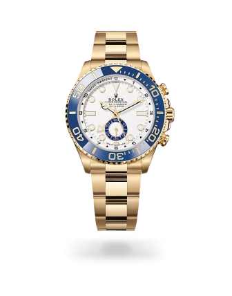 Rolex Yacht-Master II in yellow gold with a White dial, blue Cerachrom insert in ceramic bezel, and Oyster bracelet - Gandelman