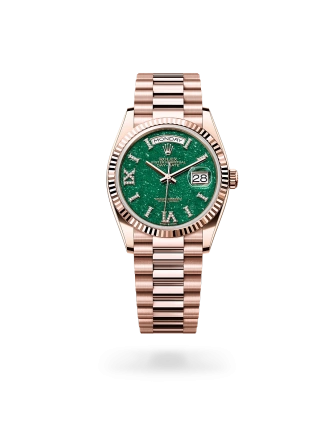 Rolex Day-Date 36 in Everose gold, Green aventurine set with diamonds dial, fluted bezel, and President bracelet - Gandelman