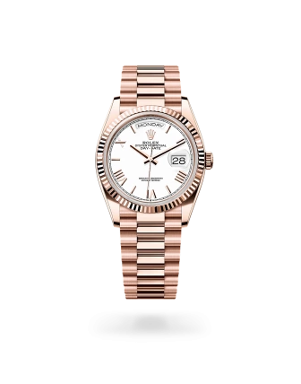 Rolex Day-Date 36 in Everose gold, White dial, fluted bezel, and President bracelet - Gandelman