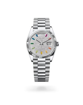 Rolex Day-Date 36 in platinum, Diamond-paved dial, fluted bezel, and President bracelet - Gandelman