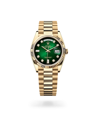 Rolex Day-Date 36 in yellow gold, Green ombré set with diamonds dial, fluted bezel, and President bracelet - Gandelman