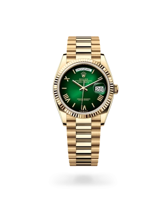 Rolex Day-Date 36 in yellow gold, Green ombré dial, fluted bezel, and President bracelet - Gandelman