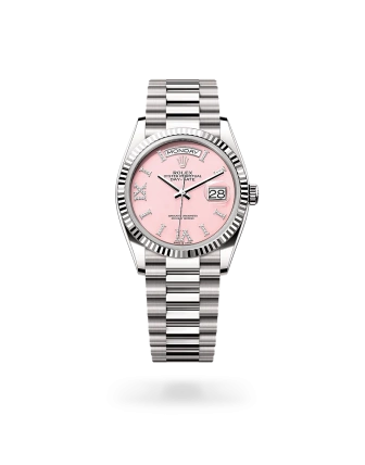 Rolex Day-Date 36 in white gold, Pink opal set with diamonds dial, fluted bezel, and President bracelet - Gandelman