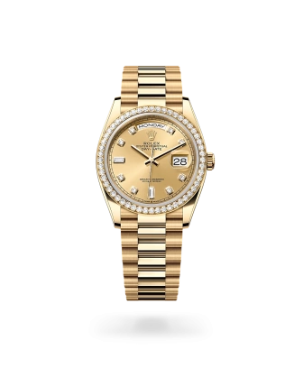 Rolex Day-Date 36 in yellow gold  and diamonds, Champagne-colour set with diamonds dial, fluted bezel, and President bracelet - Gandelman
