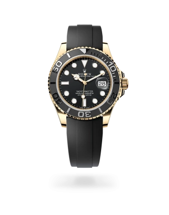 Rolex Yacht-Master 42 in yellow gold with a black dial, matt black Cerachrom insert in ceramic bezel, and Oysterflex bracelet -  Gandelman