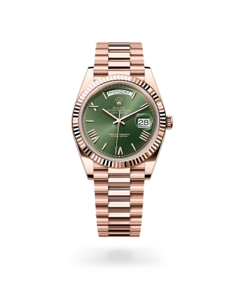 Rolex Day-Date 40 in Everose gold with a Olive green dial, fluted bezel, and President bracelet - Gandelman