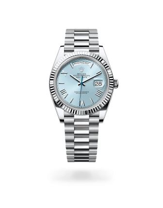 Rolex Day-Date 40 in platinum with an Ice blue dial, fluted bezel, and President bracelet - Gandelman