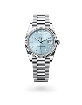 Rolex Day-Date 40 in platinum with an ice blue dial, fluted bezel, and President bracelet - Gandelman