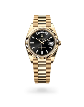 Rolex Day-Date 40 in yellow gold with a Bright black set with diamonds dial, fluted bezel, and President bracelet - Gandelman