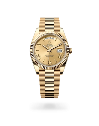 Rolex Day-Date 40 in yellow gold with a Champagne-colour dial, fluted bezel, and President bracelet - Gandelman