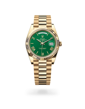 Rolex Day-Date 40 in yellow gold with a Green dial, fluted bezel, and President bracelet - Gandelman
