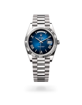 Rolex Day-Date 40 in white gold with a Blue ombré dial, fluted bezel, and President bracelet - Gandelman