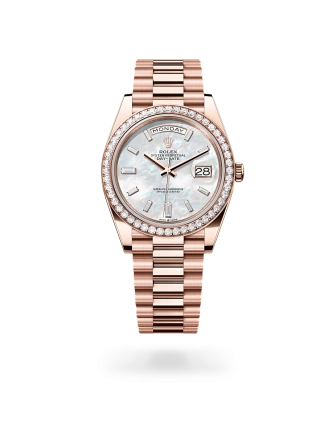 Rolex Day-Date 40 in Everose gold and diamonds with a White mother-of-pearl set with diamonds dial, and President bracelet - Gandelman