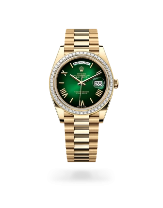 Rolex Day-Date 40 in yellow gold and diamonds with a Green ombré dial, Diamond-set bezel and President bracelet - Gandelman
