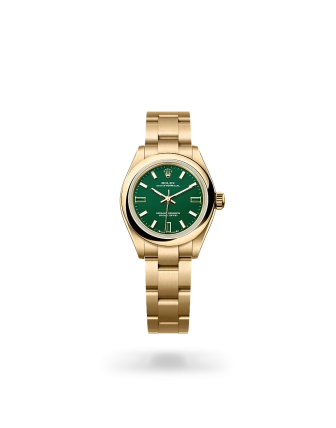 Rolex Oyster Perpetual 28 in yellow gold with a Green stone dial, domed  bezel, and Oyster bracelet -  Gandelman