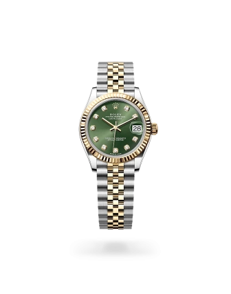 Rolex Datejust 31 in Oystersteel and yellow gold with a Olive green set with diamonds dial, fluted bezel, Jubilee bracelet - Gandelman