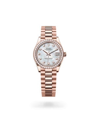 Rolex Datejust 31 in Everose gold and diamonds with a White mother-of-pearl set with diamonds dial, Diamond-set bezel, President bracelet - Gandelman