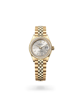 Rolex Lady-Datejust 28 in yellow gold and diamonds with a silver dial, bezel set with diamonds, and Jubilee bracelet - Gandelman