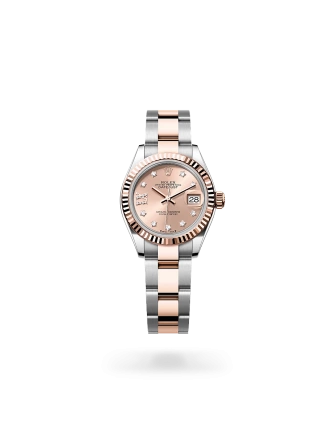 Rolex Lady-Datejust 28 in Oystersteel and Everose gold with a Rosé-colour set with diamonds dial, fluted bezel, and Oyster bracelet -  Gandelman