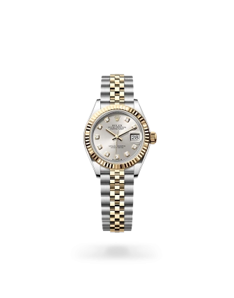 Rolex Lady-Datejust 28 in Oystersteel and yellow gold with a  Silver set with diamonds dial, fluted bezel, and Jubilee bracelet -  Gandelman