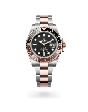 Rolex GMT-Master II in Oystersteel and Everose gold with a black dial, bidirectional rotatable 24-hour graduated  bezel, and Oyster bracelet - Gandelman