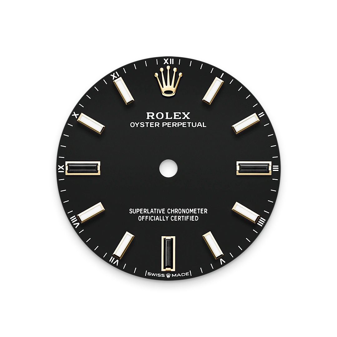Rolex Oyster Perpetual 34 in yellow gold with a Black dial, domed bezel, and Oyster bracelet, m124208-0001 - Gandelman Rolex Oyster Perpetual 34 in yellow gold with a Black dial, domed bezel, and Oyster bracelet, m124208-0001 - Gandelman