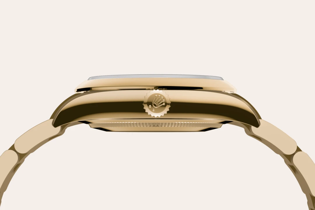 Rolex Oyster Perpetual 34 in yellow gold with a Black dial, domed bezel, and Oyster bracelet, m124208-0001 - Gandelman Rolex Oyster Perpetual 34 in yellow gold with a Black dial, domed bezel, and Oyster bracelet, m124208-0001 - Gandelman