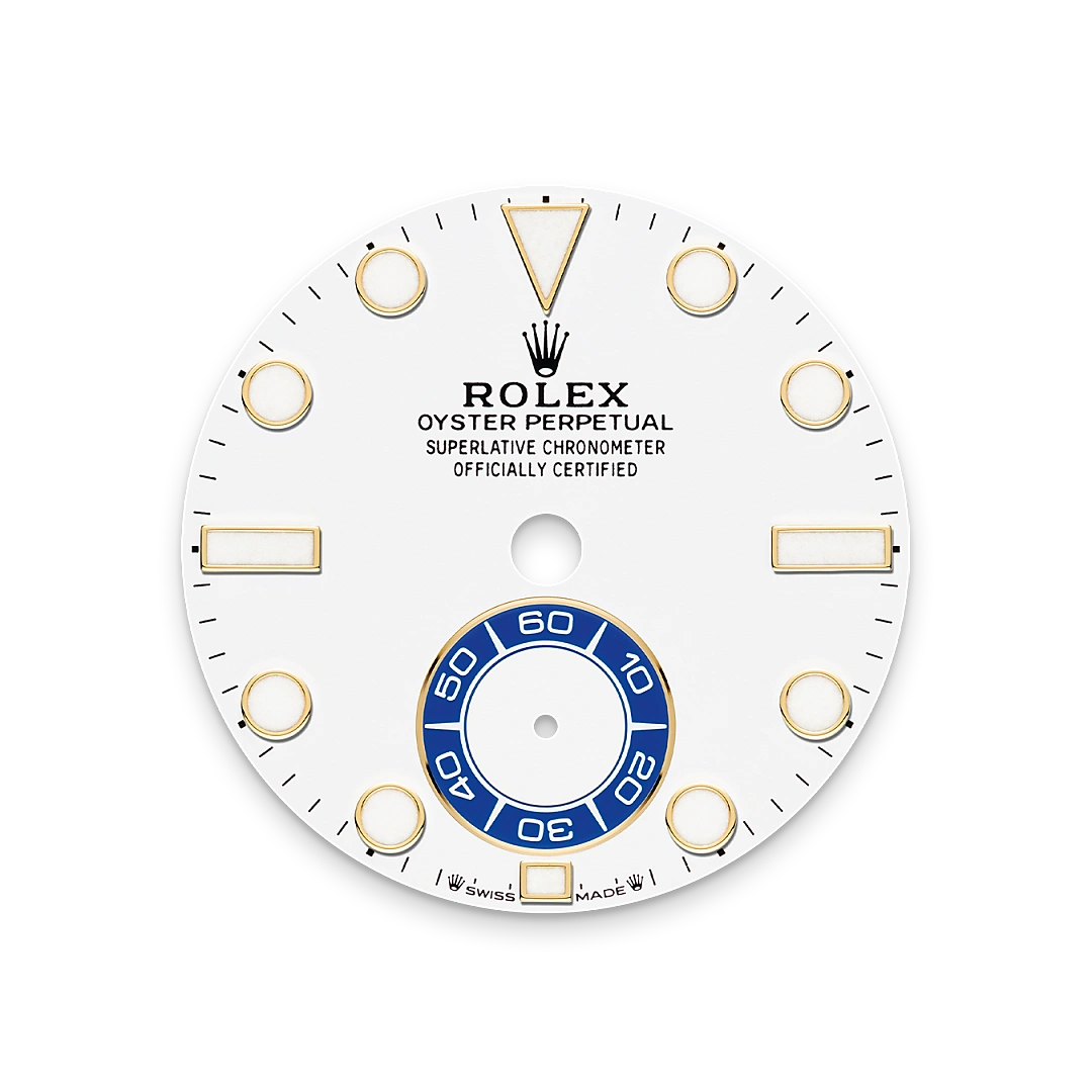 Rolex Yacht-Master II in yellow gold with a White dial, blue Cerachrom insert in ceramic bezel, and Oyster bracelet, m126688-0001 - Gandelman Rolex Yacht-Master II in yellow gold with a White dial, blue Cerachrom insert in ceramic bezel, and Oyster bracelet, m126688-0001 - Gandelman