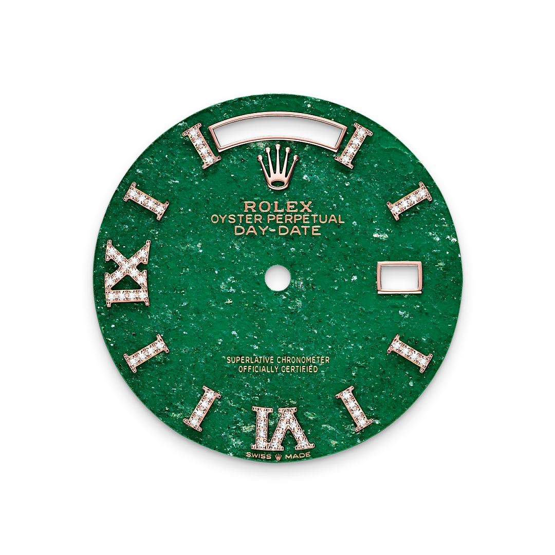 Rolex Day-Date 36 in Everose gold, Green aventurine set with diamonds dial, fluted bezel, and President bracelet, m128235-0068 - Gandelman Rolex Day-Date 36 in Everose gold, Green aventurine set with diamonds dial, fluted bezel, and President bracelet, m128235-0068 - Gandelman
