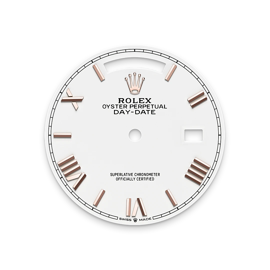 Rolex Day-Date 36 in Everose gold, White dial, fluted bezel, and President bracelet, m128235-0070 - Gandelman