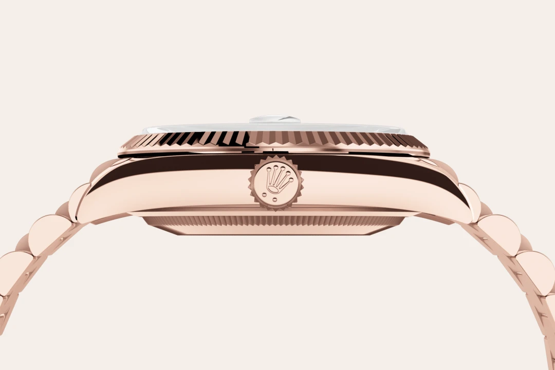 Rolex Day-Date 36 in Everose gold, White dial, fluted bezel, and President bracelet, m128235-0070 - Gandelman