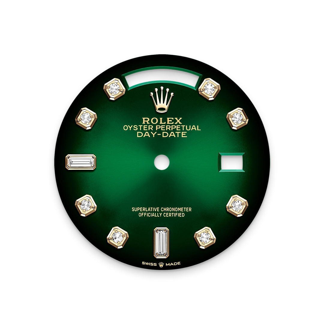 Rolex Day-Date 36 in yellow gold, Green ombré set with diamonds dial, fluted bezel, and President bracelet, m128238-0069 - Gandelman Rolex Day-Date 36 in yellow gold, Green ombré set with diamonds dial, fluted bezel, and President bracelet, m128238-0069 - Gandelman