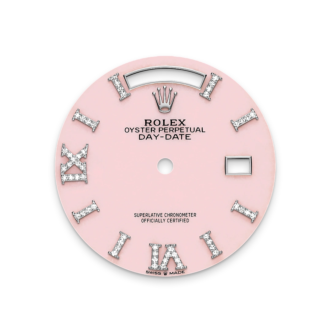 Rolex Day-Date 36 in white gold, Pink opal set with diamonds dial, fluted bezel, and President bracelet, m128239-0021 - Gandelman