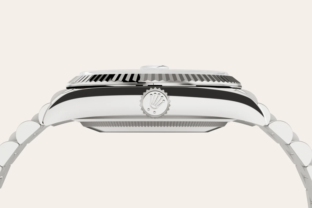 Rolex Day-Date 36 in white gold, Pink opal set with diamonds dial, fluted bezel, and President bracelet, m128239-0021 - Gandelman
