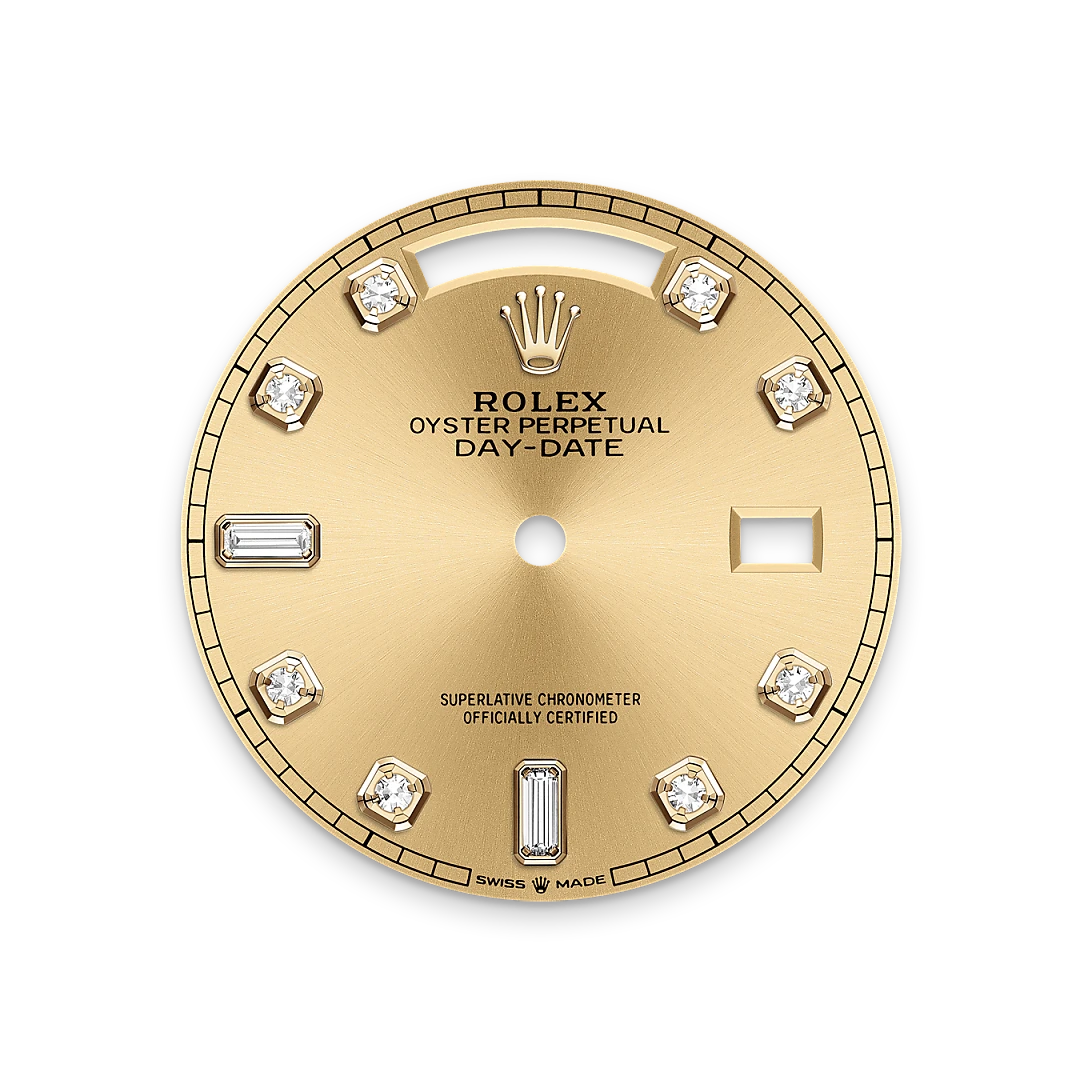 Rolex Day-Date 36 in yellow gold and diamonds, Champagne-colour Diamond-set dial, fluted bezel, and President bracelet, m128348rbr-0008 - Gandelman Rolex Day-Date 36 in yellow gold and diamonds, Champagne-colour Diamond-set dial, fluted bezel, and President bracelet, m128348rbr-0008 - Gandelman
