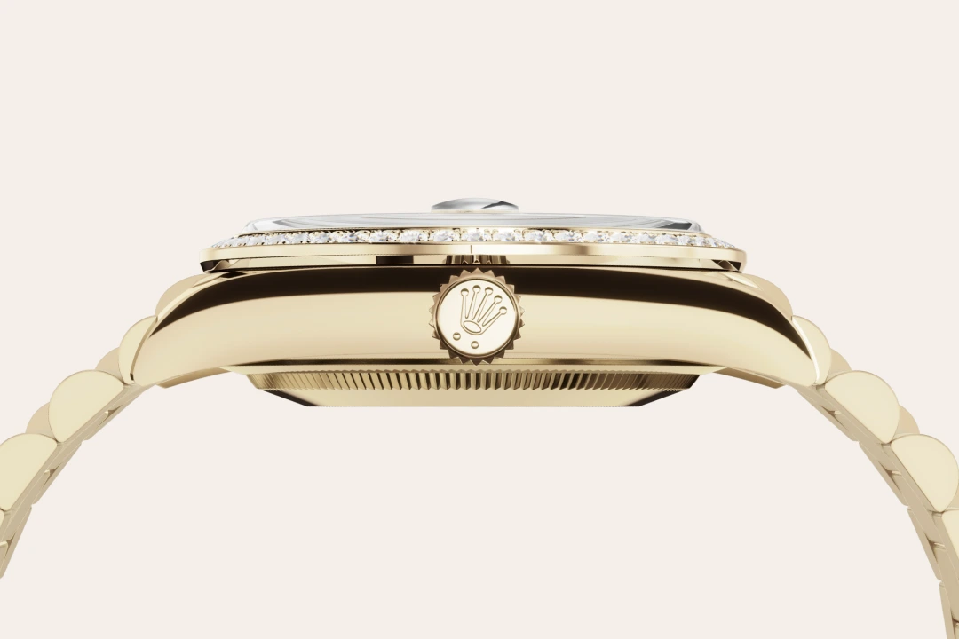 Rolex Day-Date 36 in yellow gold and diamonds, Champagne-colour Diamond-set dial, fluted bezel, and President bracelet, m128348rbr-0008 - Gandelman Rolex Day-Date 36 in yellow gold and diamonds, Champagne-colour Diamond-set dial, fluted bezel, and President bracelet, m128348rbr-0008 - Gandelman