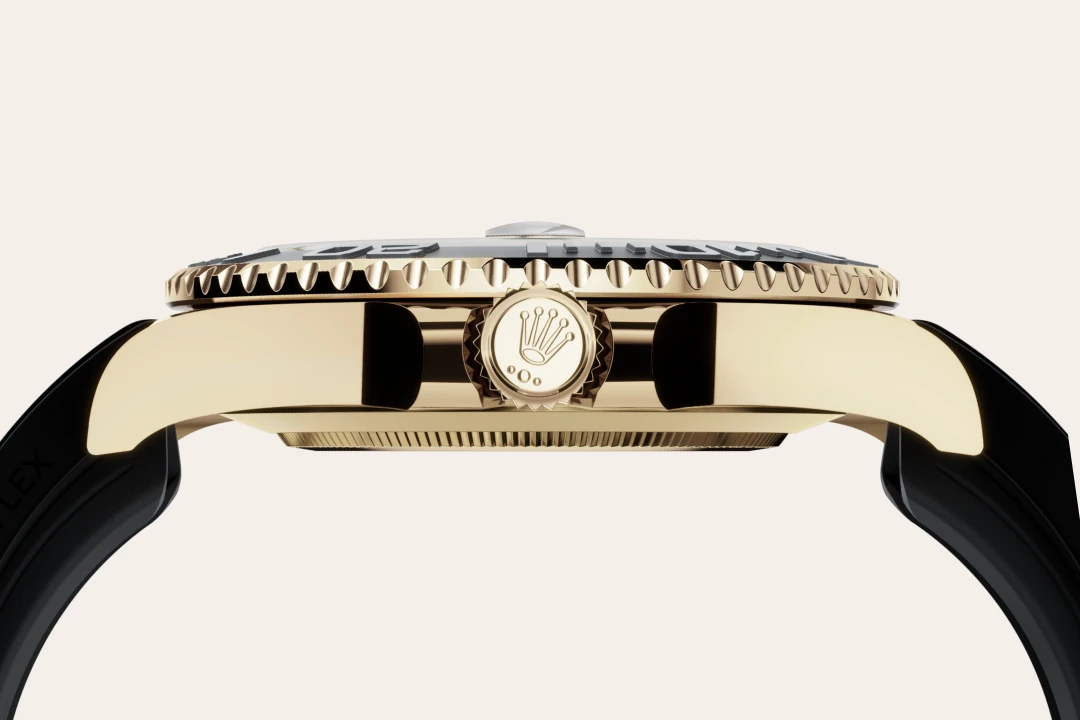 Rolex Yacht-Master 42 in yellow gold with a black dial, matt black Cerachrom insert in ceramic bezel, and Oysterflex bracelet, m226658-0001 - Gandelman